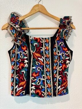 Anthropologie Eva Franco Florence Embroidered Corset Top Black Ruffle Floral S